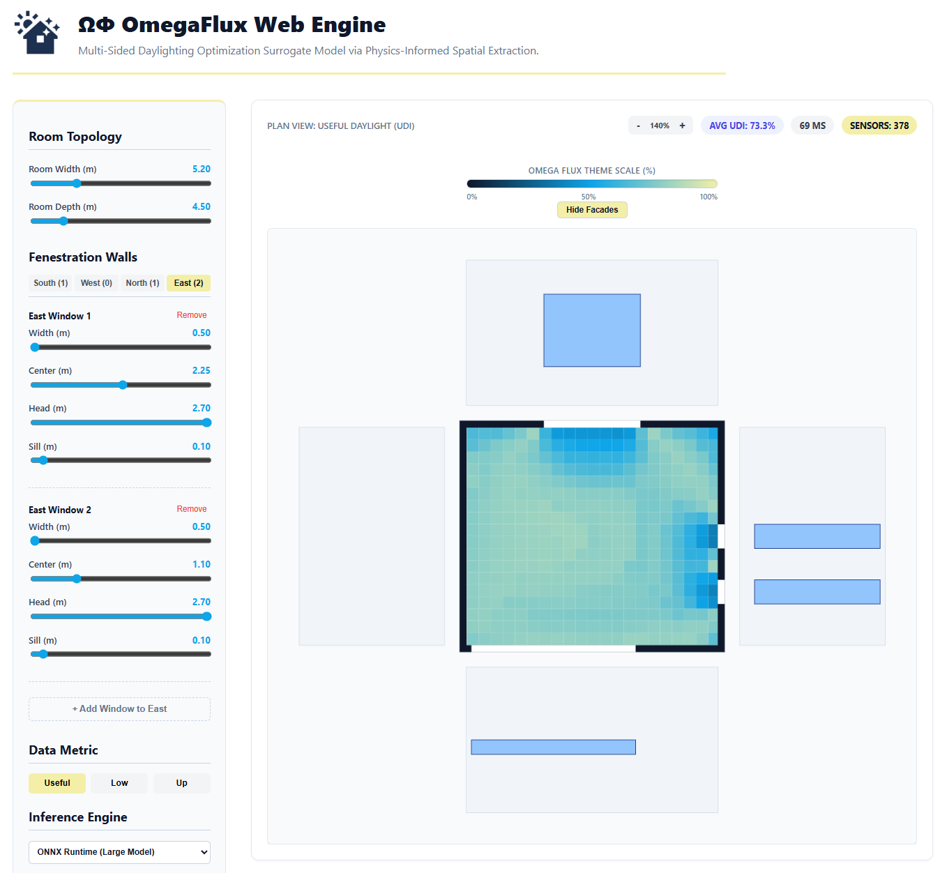OmegaFlux web app: room sliders on the left, predicted useful daylight map in plan on the right, computed in 69 ms for 378 sensors